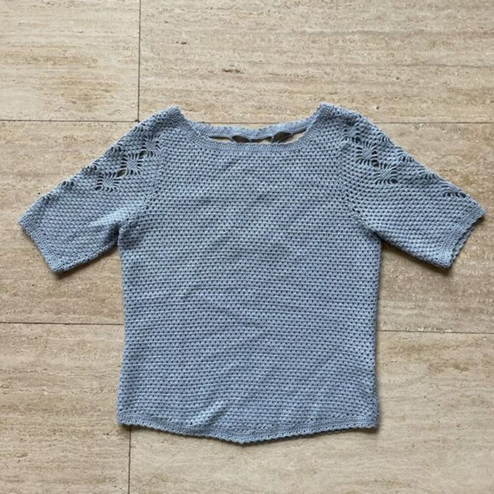 Dana Buchman Womens Small Petite Blue Crochet Short Sleeve‎ Blouse